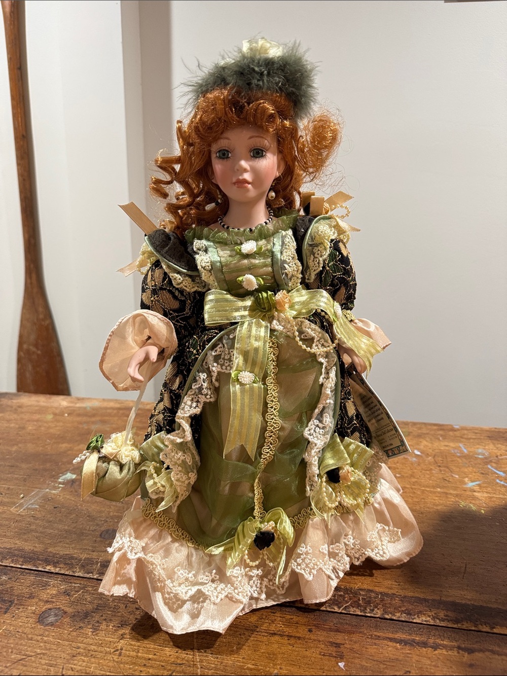 Classic Vanessa Porcelain Doll in Green and Cream Dress -